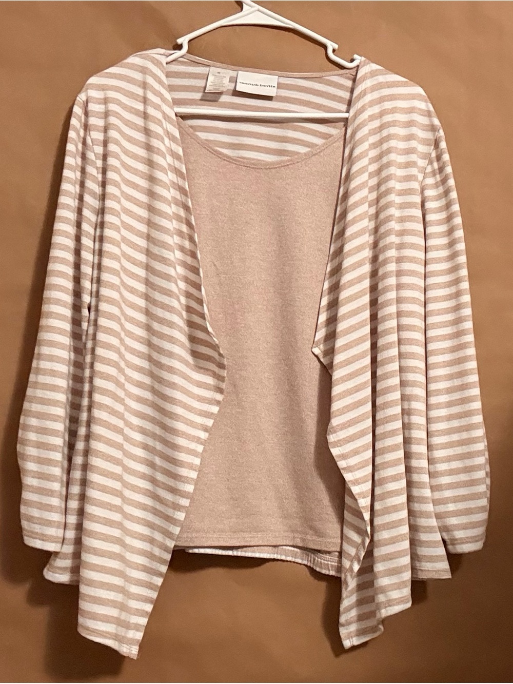 Alfred Dunner Womens Medium 2 in 1 Striped Cardigan Top Beige Taupe Layered